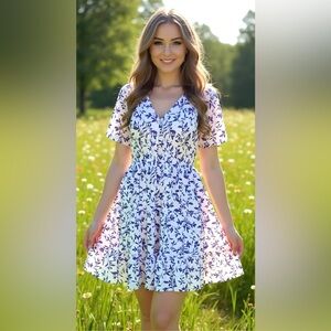 Floral V-Neck Dress - Purple and White 1XL NWT
